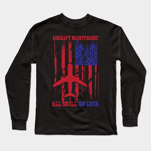 Patriotic Aircraft Mechanic Gift Design Flag And Airplane Print Long Sleeve T-Shirt by Linco